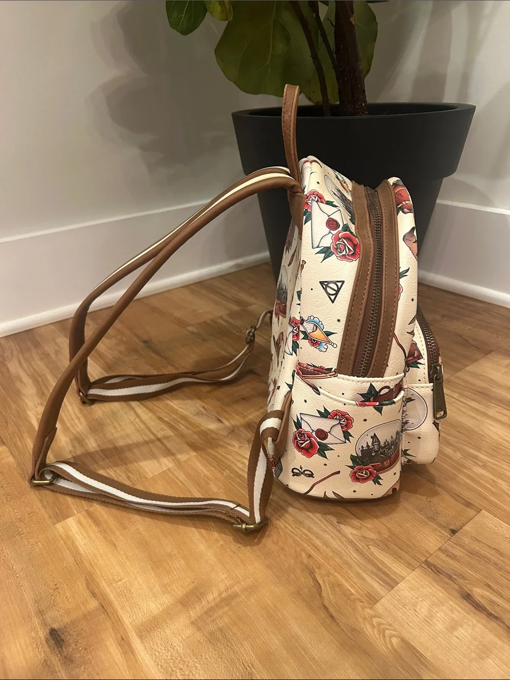 Warner Bros. Kids Cream Mini Backpack with Brown Trim and Red Rose Accents
